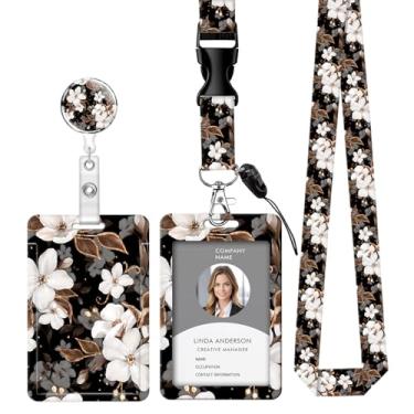 Imagem de Cordão retrátil para crachá de identificação com clipe e chaveiro, ajustável, bonito carretel de separação, durável, perfeito para mulheres enfermeiras, professoras, trabalhadoras de escritório (flor