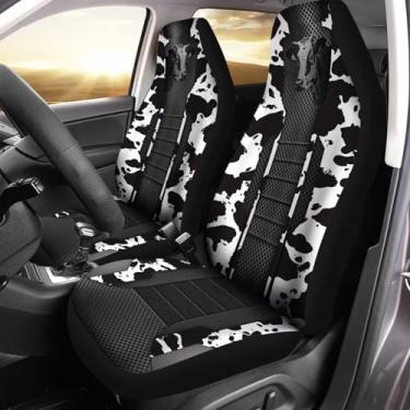 Imagem de Jodoolang Capas de assento de carro com estampa de vaca preta, 2 peças, capa protetora de assento frontal elástica respirável universal para veículos, SUV, caminhões sedan, para mulheres e homens