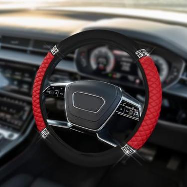 Imagem de HQRNYP Capa de volante de couro macio brilhante, protetor de volante, 38 cm colorido strass elástico, acessórios de carro de couro diamante antiderrapante para mulheres e meninas (vermelho)