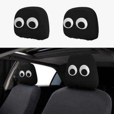 Imagem de KOSUES Capas para encosto de cabeça de carro com olhos fofos de desenhos animados, pacote com 2 capas de apoio de cabeça para assento de carro com elástico automotivo, acessórios de interior de