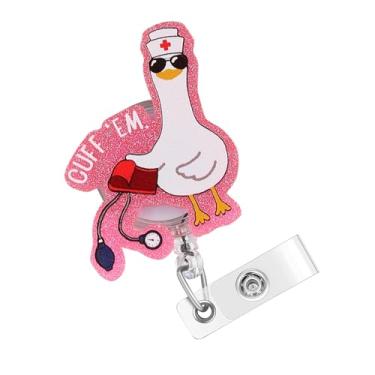 Imagem de Engraçado Goose Nurse Badge Reel Retrátil | Porta-crachá Cuff 'Em Goose com clipe jacaré | Carretel de identificação fofo para estudantes de enfermagem
