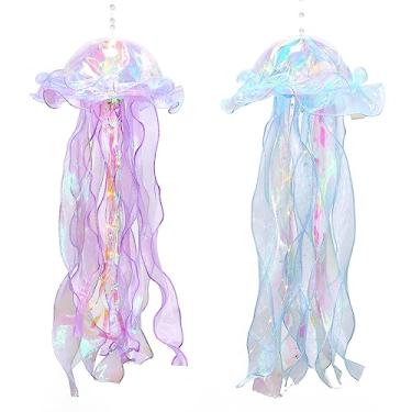 Imagem de Kit de água-viva iridescente com glitter, azul, roxo, água-viva, para decoração de festa sob o mar, pequena sereia, decoração de peixe-viva, oceano, aniversário, casamento, noiva, chá de bebê, pai
