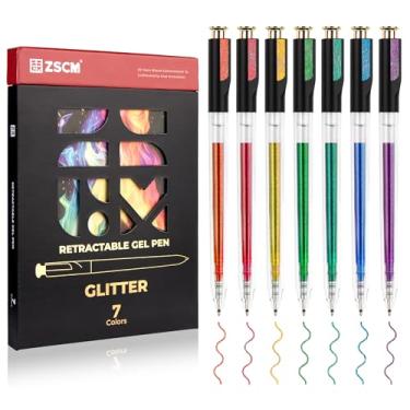 Imagem de Canetas de gel com glitter retráteis, 7 cores, canetas de tinta de gel brilhante brilhante de grande capacidade para colorir adultos, caneta colorida de escrita suave de ponta fina de 1,0 mm para