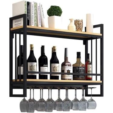 Imagem de Prateleiras de vinho vintage de 2 camadas com suporte para garrafa ou vidro, rack de taças de metal para pendurar na parede industrial, prateleiras flutuantes de madeira, prateleira de exibição de