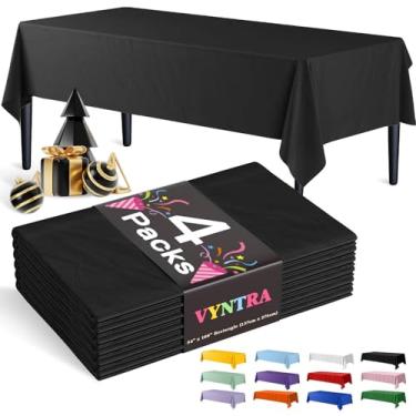 Imagem de Vyntra Toalhas de mesa pretas descartáveis de plástico retangular de 137 x 262 cm, pacote com 4 – capas de mesa de festa para aniversário, casamento, formatura e chá de bebê – impermeável, à prova de