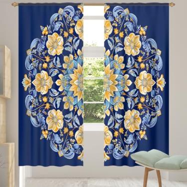 Imagem de 2 conjuntos de painéis de cortinas translúcidas azuis étnicas de flor mandala, cortinas transparentes arejadas com filtro leve, painéis de cortina de porta e janela para sala de estar, quarto, jantar