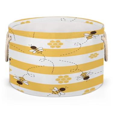 Imagem de Cesto grande redondo de armazenamento de abelha bonito círculo amarelo organizador de brinquedos infantis dobráveis com alça cesto de roupa suja para sala de estar, lavanderia, berçário, quarto, caixa