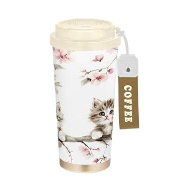 Imagem de SEHANY Caneca de viagem de gato gatinho fofo de 482 g xícaras de café reutilizáveis revestidas de cerâmica com tampa à prova de vazamento, parede dupla, isolamento a vácuo, copo de café de aço
