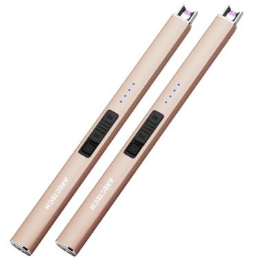 Imagem de ARECTECH Isqueiro de vela elétrico com cabo tipo C, presente de aniversário para homem, mulher, esposa, recarregável, isqueiros de arco de plasma para velas, acampamento, cozinha, fogão, ouro, pacote