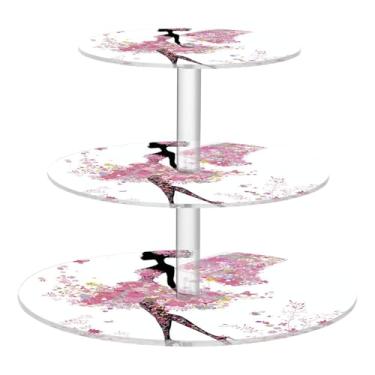 Imagem de Blueangle Suporte redondo de cupcake de 3 camadas – Torre de sobremesa acrílica de fada borboletas de flores rosa, suporte de sobremesa em camadas antiderrapante para chá de bebê, aniversário, festa