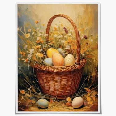 Imagem de Arte de parede em tela de Páscoa - Estilo de pintura a óleo, cesta de Páscoa, ovos coloridos, primavera, flores silvestres, prado, decoração para sala de estar, quarto, arte vibrante, pôster 20 x 25
