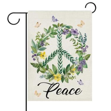 Imagem de Dyrenson Guirlanda da paz mundial bandeira de jardim decorativa, borboleta floral folhas quintal fora decoração de casa, planta botânica serapilheira exterior pequena decoração dupla face 12 x 18