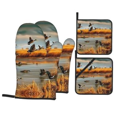 Imagem de Hunting Flying Wild Duck - Conjunto de luvas de cozinha com suportes de tampa, luvas de forno resistentes ao calor para lidar com panelas quentes, grelhar, churrascos, kit de 4 peças.
