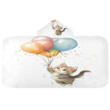 Imagem de Burbuja Gatinho fofo voando com balões toalha de banho com capuz para crianças, toalha de praia de pelúcia macia absorvente para meninas e meninos 3-10 anos, 61 x 127 cm