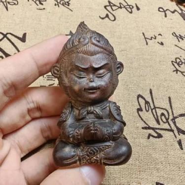 Imagem de FENNYYAR Estátua esculpida à mão do rei macaco de madeira de ágar Sun Wukong, 7,5 cm 7,4 cm, decoração de casa, presente, peça de mão