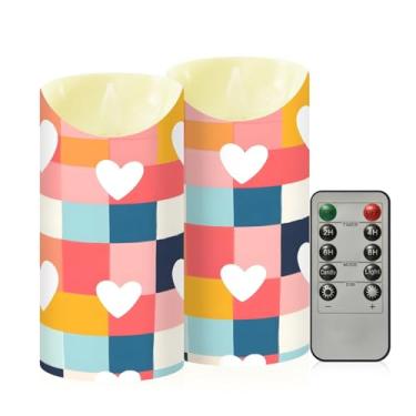 Imagem de Wassud Pacote com 2 velas coloridas de corações guingão sem chama com controle remoto, velas realistas cintilantes com temporizador, velas decorativas para Natal, casamento, festa, decoração de casa