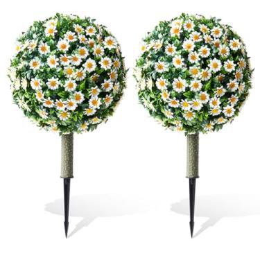Imagem de Conjunto de 2 árvores de bola de topiária artificial com mãe branca para uso externo com espiga no solo, árvore de buxo sintético resistente a UV de 55,88 cm, plantas de buxo verde falsas para jardim