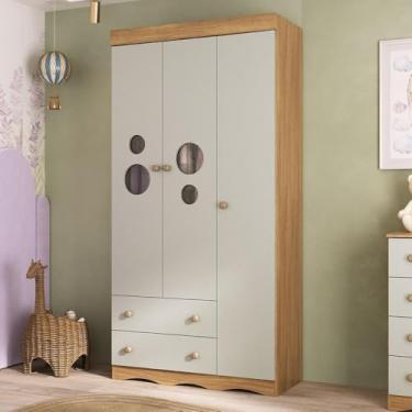 Imagem de Guarda-roupa Infantil 92cm com Vidro 3 Portas e 2 Gavetas Sonho Multimóveis Mp4472 Madeirado/off White