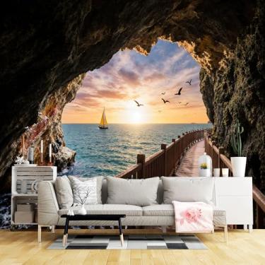 Imagem de Murais de parede de tamanho personalizado, passarela de madeira, caverna rochosa, mar, pôr do sol, tecido de parede autoadesivo (sem PVC) Papel de parede grande removível para sala de estar, quarto
