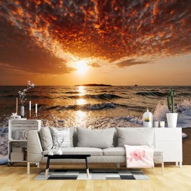 Imagem de Murais de parede de tamanho personalizado, tecido de parede autoadesivo de praia pôr do sol (sem PVC) Papel de parede grande removível para sala de estar, quarto, escritório