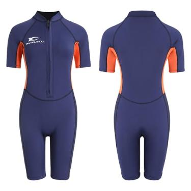 Imagem de Jintaleco Roupa de mergulho infantil com zíper frontal, roupa de mergulho curta para esportes aquáticos infantis, neoprene de 2 mm com mangas curtas, natação em água fria, maiô estiloso para meninos e