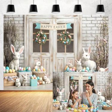 Imagem de 3 x 2,4 m Primavera Páscoa Fotografia pano de fundo de coelho ovos de coelho parede de tijolo branco flores fundo grama coelho Páscoa festa retrato decorações chá de bebê crianças festa de aniversário