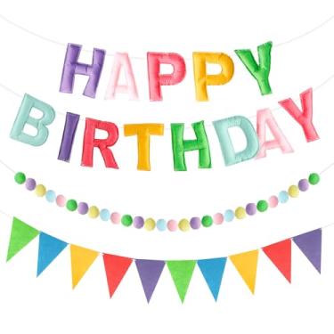 Imagem de 3 peças de banner de feliz aniversário 3D pré-amarrado, guirlanda de feltro pastel, guirlanda de pompom, bandeiras triangulares galhardetes, sinal de feriado personalizado para decoração de