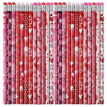 Imagem de Heyiminy Pacote com 24 lápis de dia dos namorados, lápis de madeira dos namorados com borrachas para crianças, lápis de coração vermelho e rosa, presentes de papelaria para lembrancinhas de festa