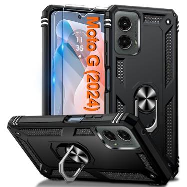 Imagem de Capa para Moto G-5G 2024 com 2 peças de protetor de tela HD, suporte de anel magnético com capa de celular resistente, capa protetora para Motorola Moto G 5G 2024, preta