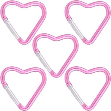 Imagem de PAGOW 5 peças de mosquetão de coração, clipe de chaveiro de coração, clipe de gancho de pressão de alumínio em forma de coração, clipes de chaveiro (rosa claro)