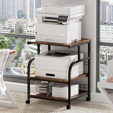 Imagem de Lerliuo Suporte de impressora grande com armazenamento, 50 cm L x 45 cm P x 76 cm A, 5 alturas de prateleira ajustáveis, mesa móvel de 3 níveis com rodas bloqueáveis, carrinho de impressora rolante