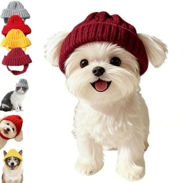 Imagem de Gorro de malha vermelha para cães com abas de orelha – Chapéu quente de inverno para animais de estimação com orifícios para orelhas, elástico macio para cães e gatos pequenos (roxo, tamanho único)