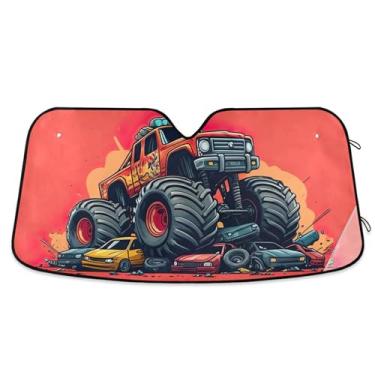 Imagem de Toldo de sol vermelho colorido Monster Truck para para-brisa de carro, engraçado, dobrável, para protetor de janelas dianteiras L, 144,8 cm x 80 cm