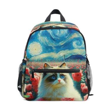 Imagem de GAIGEO Cute Kitten Starry Night Rose Cat Backpack for School Kids with Whistle, 2 Bottle Pockets, Lightweight, Kids Travel Backpacks 10x4x12 In, for Ages 3-8