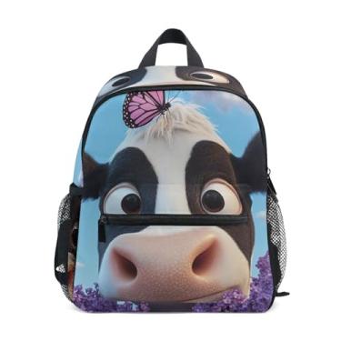 Imagem de GAIGEO Cute Cow Lavender Floral Childrens Backpack with Whistle, 2 Bottle Pockets, Lightweight, Kindergarten Backpack 10x4x12 In, for Ages 3-8