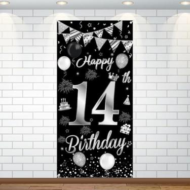 Imagem de Decorações de aniversário de 14 anos, faixa de fundo de feliz aniversário de 14 anos, preto, prata, triângulo, bandeira, balões, decoração de fundo para meninas, meninos, 14 anos, artigos para festas