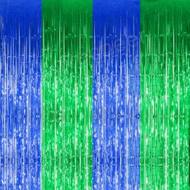 Imagem de Lovecheer 4 peças de cortinas de fundo de folha para festas, azul, verde, decoração de festa, torcida para aniversário, casamento, ano novo, Natal 2025, fundo fotográfico