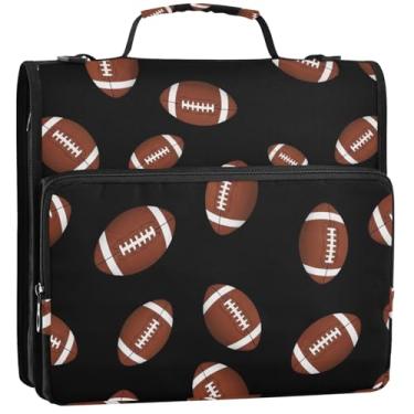 Imagem de Organizador de fichários com zíper grande, 3 argolas de 3,5 cm, anel de armazenamento de bolas de futebol americano, pasta de portfólio marrom com alça escolar, bolsa com alça de ombro, 34,5 x 31,5 x