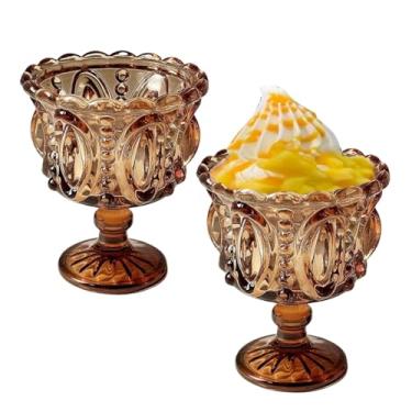 Imagem de YUHANOER Conjunto de 2 copos de sobremesa - copo vintage em relevo de cristal com pés, sorvete retrô de 200 ml e prato doce para bebidas de festa, uísque, bar festivo e decoração de mesa (café)