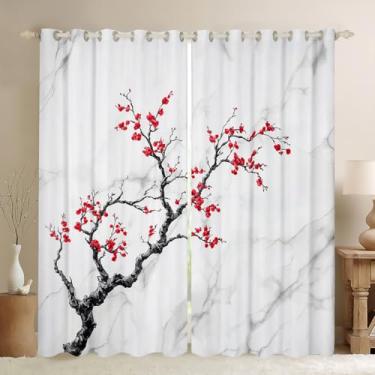 Imagem de Cortinas de janela de flor de cerejeira para quarto, cortinas de mármore cinza branco para sala de estar meninas mulheres flores vermelhas cortinas blackout floral 104 L x 84 C, cortinas de janela