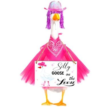 Imagem de Bafeil Conjunto de roupa de ganso para varanda de caubói para estátua de ganso de gramado de cimento/plástico de 58 cm - Ganso bobo na placa solta com chapéu, bandana, saia tutu de renda, perucas