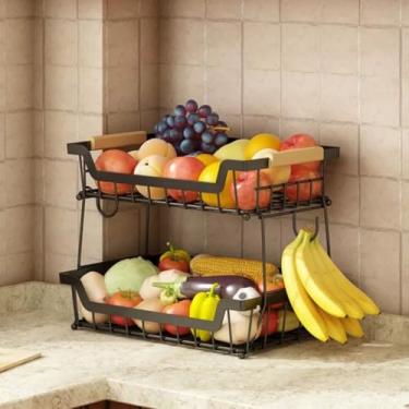Imagem de Fruteira de Mesa 2 Andares, Cesto de Frutas de Metal com Alça, Organizador Multifuncional de Frutas e Verduras, Fruteira de Cozinha para Armazenamento e Decoração de Casa