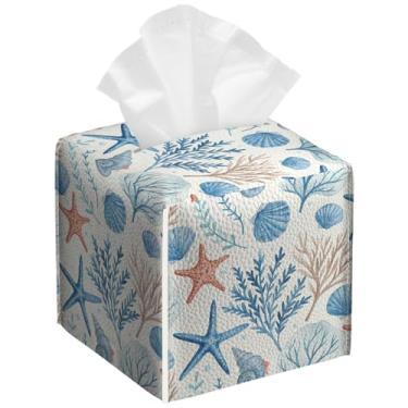 Imagem de Pacote com 2 unidades, capa quadrada de caixa de lenços de couro de poliuretano, estrela do mar, corais do mar, impermeável, organizador de papel facial, dispensador para banheiro, cozinha, casa