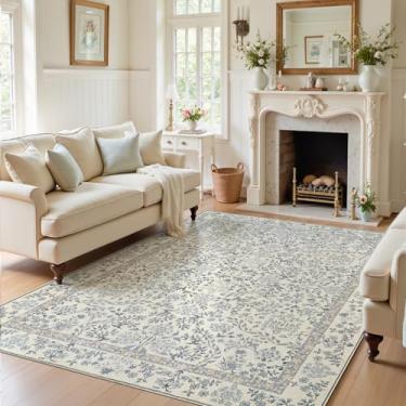 Imagem de jinchan Zenith Tapete floral 15 x 23 cm, macio, de pelo baixo, para sala de estar, lavável na máquina, antiderrapante, vintage, botânico, estético, para quarto, sala de jantar, berçário, azul/creme