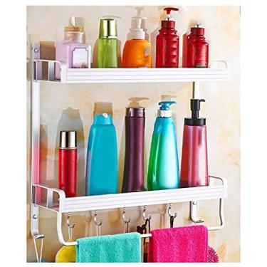 Imagem de Prateleira de banheiro barra de toalha de aço inoxidável prateleiras de armazenamento de camadas duplas organizador de cabide montado na parede para instalação de furador de cozinha de banheiro 1030