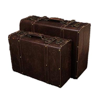 Imagem de Lss9azznmm Mala vintage 2 caixa de armazenamento de bagagem antiga conjunto decoração fotografia de casamento com uma alça e adereços de trava caixa de armazenamento vintage (cor: marrom Tamanho
