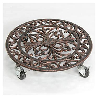 Imagem de Suporte de vaso para plantas internas Suporte de plantas de ferro fundido redondo interno externo em pátio de rolo/vaso de flores (carrinho de plantador de ferro de 35,5 cm) exibição de bonsai base