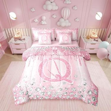 Imagem de Erosebridal Conjunto de cama solteiro com letra J com laço, ombré, rosa, alfabeto, 7 peças, conjunto de edredom com laço coquete com lençóis, kawaii, feminino, conjunto de cama com glitter