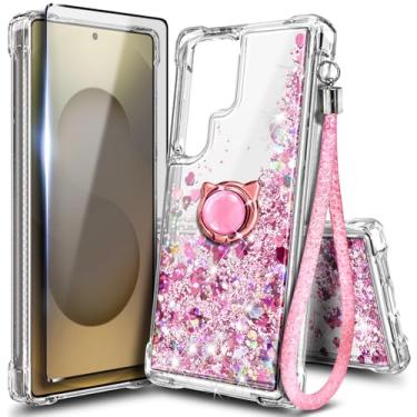 Imagem de Capa NGB projetada para Samsung Galaxy S25 Ultra, ouro rosa | Capa fofa com glitter líquido brilhante para mulheres e crianças | com protetor de tela, suporte de anel e cordão de pulso
