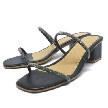 Imagem de Sandália Salto Bloco Feminina Médio Tamanco Strass Brilho-Feminino